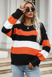 Women's Orange Color Block Crew Neck Oversized Loose Knit Sweater