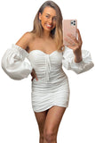 White White/Black Off The Shoulder Bubble Sleeve Ruched Bodycon Mini Dress LC229977-1