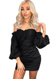 Black White/Black Off The Shoulder Bubble Sleeve Ruched Bodycon Mini Dress LC229977-2