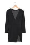 Black Mesh Patch Deep V Neck Long Sleeve Little Black Dress LC229920-2