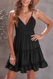 Black White/Black/Red/Yellow/Pink Spaghetti Straps V Neck Lace Bodice Ruffled Mini Dress LC225156-2