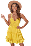 Yellow White/Black/Red/Yellow/Pink Spaghetti Straps V Neck Lace Bodice Ruffled Mini Dress LC225156-7