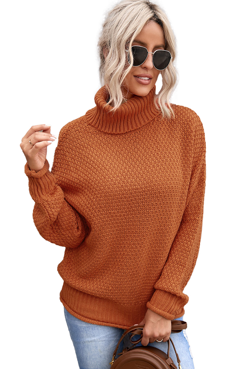 Orange Women's Winter Casual Long Sleeve Turtleneck Solid Color Drop Shoulder Cable Knit Sweater Chunky Sweater LC270200-14