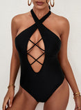 Black Women's One-piece Swimsuits Solid Criss Cross Cut-out Halter Padded Basic One-piece Swimsuits LC441084-2