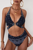 Black Paisley Print Self-tie Halter Neck High Rise Bikini Set