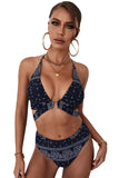 Black Tribal Print Self-tie Halter Neck High Rise Bikini Set LC431484-2