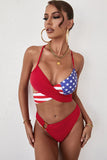 Bikini con scollo all'americana incrociato con bandiera americana bicolore