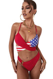 Red American Flag Print Halter Neck Bikini Set LC431218-3