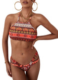 Red Women's Bikinis Tribal Multicolor Mid Waist Sleeveless Halter Padded Adjustable Wire-free Boho Sexy Beach Casual Bikini Suit LC431232-3