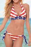 Halter V Neck American Flag Print Self-tie Strap Bikini