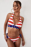 Red American Flag Print Self-tie Strap Halter V Neck Bikini LC431077-3