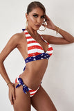 Red American Flag Print Self-tie Strap Halter V Neck Bikini LC431077-3