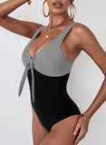 Black Women's Swimsuits Striped Padded Sleeveless Adjustable V Neck Vacation Vintage Knot One-piece Swimsuit LC412343-2