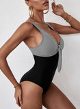 Black Women's Swimsuits Striped Padded Sleeveless Adjustable V Neck Vacation Vintage Knot One-piece Swimsuit LC412343-2
