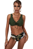 Green Camouflage Scalloped Lace Up V Neck Bikini Swimsuit LC432438-9