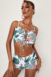 Bikini con cinturino per spaghetti arricciato con lacci e stampa foglia tropicale verde