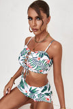 Green Tropical Print Lace-up Ruffled Spaghetti Strap Bikini Set LC432038-9
