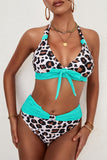 Leopard Splicing Bow Knot Halter Bikini Swimwear