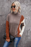 Orange Women's Winter Casual Long Sleeve Color Block Turtleneck Cable Knit Sweater Side Split High-Low Hemline Drop Shoulder Ribbed Sweater LC270207-14