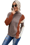 Orange Women's Winter Casual Long Sleeve Color Block Turtleneck Cable Knit Sweater Side Split High-Low Hemline Drop Shoulder Ribbed Sweater LC270207-14