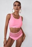 Pink Solid Scallop Crop Mesh Stitching High Waist Bikini LC431540-10