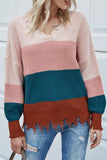 Women's Tattered Colorblock Balloon Sleeve Sweater