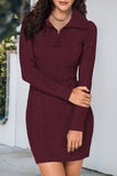 Wine Red/Blue/Apricot Turn-down Neck Cable Knit Long Sleeve Sweater Dress