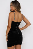 Black Rhinestone Spaghetti Strap Bow Knot Ruched Velvet Mini Dress LC229976-2