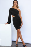 Black Black/Brown One Shoulder Bubble Shoulder Cut-out Bodycon Mini Dress LC2210004-2