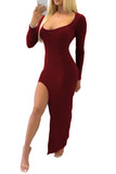 Red Scoop Neck Long Sleeve Rib Knit Maxi Dress with Split LC618018-3