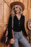 Black Button Up Ribbed Knit Top