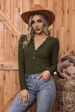 Green Button Up Ribbed Knit Top