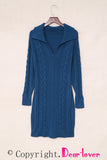 BLUE Wine Red/Blue/Apricot Turn-down Neck Cable Knit Long Sleeve Sweater Dress LC2721514-9