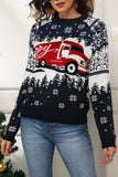 Women HAPPY Christmas Snowflake School Bus Graphic Crew Neck Sweater