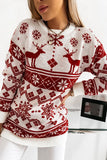 Women White and Red Christmas Jacquard Elk Snowflake Knitted Sweater