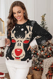 Women Christmas Elk Snowflake Printing Contrast Knit Pullover Sweater