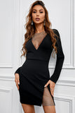 Black Mesh Patch Deep V Neck Long Sleeve Little Black Dress LC229920-2