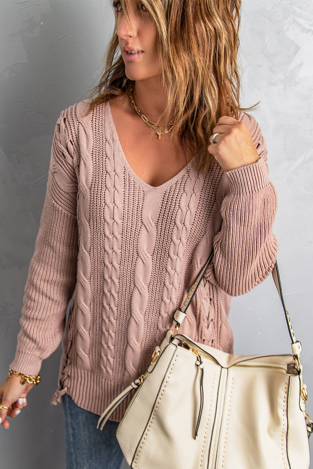 Pink Women's Winter Casual Long Sleeve Solid Color Tie bow V Neck Cable Knit Sweater Drop Shoulder Tops LC27994-10