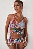 Mixed Print Tassel Ruffle Bikini Swimsuit