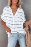 Stripe White/Black/Navy/Green/Gray Plaid Print Loose V Neck Short Sleeve Shirt with Slits Striped Print Loose V Neck Short Sleeve Shirt with Slits LC25112064-19
