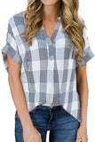 Gray White/Black/Navy/Green/Gray Plaid Print Loose V Neck Short Sleeve Shirt with Slits Striped Print Loose V Neck Short Sleeve Shirt with Slits LC25112064-11
