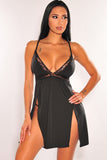 Black Black/Red Lace V Neck Double Slit Babydoll Lingerie Set with Thong LC31668-2