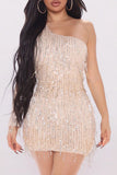 Apricot New fashion sexy long-sleeved one-shoulder sequined fringed dress LC2210906-18