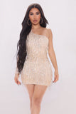 Apricot New fashion sexy long-sleeved one-shoulder sequined fringed dress LC2210906-18
