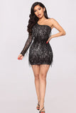 Black New fashion sexy long-sleeved one-shoulder sequined fringed dress LC2210906-2