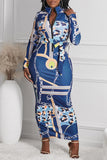 Deep Blue Cheetah Color Block Zipped Long Sleeve Maxi Dress