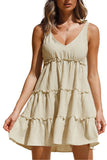 Beige White/Black/Pink/Beige Lace-up Ruffled Sleeveless Mini Dress LC2210746-15