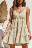 Beige White/Black/Pink/Beige Lace-up Ruffled Sleeveless Mini Dress LC2210746-15
