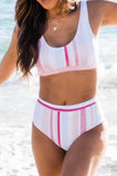 White Striped Print U Neck Mid Waist Bikini Swimsuit LC433015-1