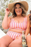 Pink Striped Print U Neck Mid Waist Bikini Swimsuit LC433015-10